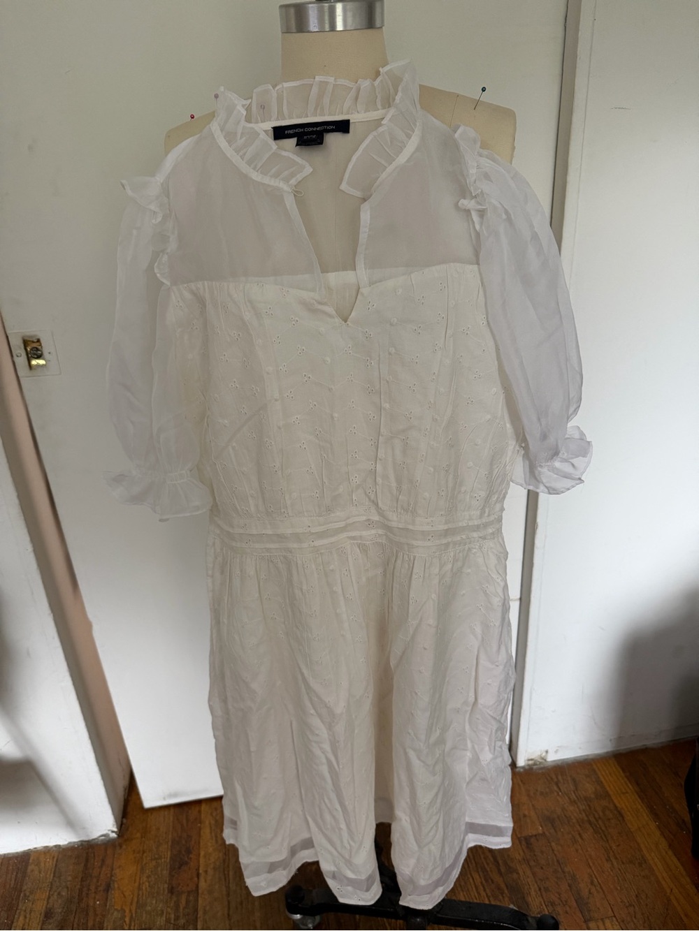 French Connection White Eyelet Midi Dress with Ruffle Collar